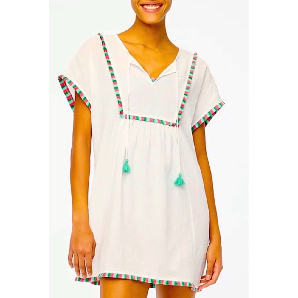 J.Crew Swim Cover-Up Fringe White Tassel Pink Mint Green Boho Small (Medium)
